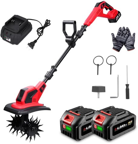 ONEVAN Gartenfräse Akku, 550W Bürstenloser Motorhacke, 16 cm Arbeitstiefe, 23 cm Arbeitsbreite, 2 4.0Ah Akkus, Verstellbarer Griff, Gartenfräse Elektrisch für Bodenbearbeitung und Gartenarbeit