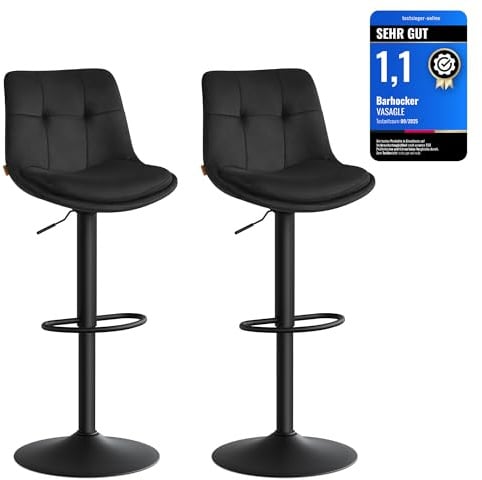 VASAGLE Barhocker 2er Set, Barstühle höhenverstellbar, drehbare Küchenhocker, Samt, mit Rückenlehne und Fußstütze, Esszimmer, Theke, Stahl, tintenschwarz LJB198BH01