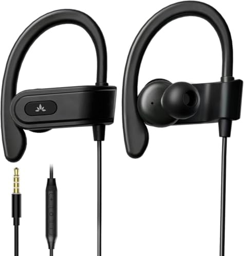 Avantree E171-3,5-mm Kabel-Ohrhörer mit Mikrofon & Lautstärkeregler | Ohrbügel-Design für Laufen & Sport, komfortabler Sitz, kabelgebundene 3,5-mm AUX Kopfhörer, Schwarz