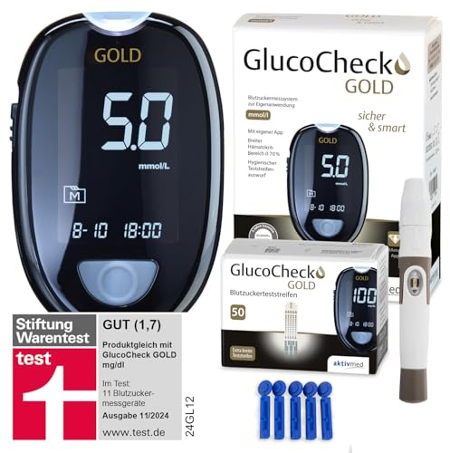 GlucoCheck GOLD Blutzuckermessgerät-Set (mmol/L) mit 60 Blutzuckerteststreifen, 10 Lanzetten, 1 Stechhilfe, 1 Etui, Sparset zur Blutzucker-Selbstkontrolle
