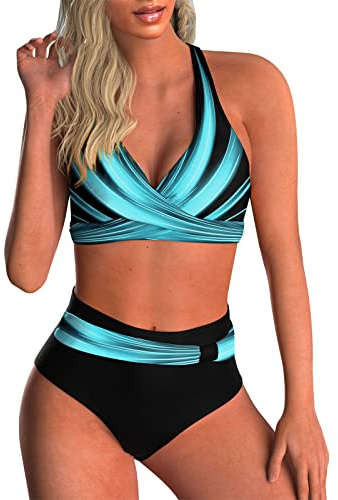 Adigaber Damen Zweiteiliger Badeanzug V Ausschnitt überkreuztes Blumenmuster Bikini Bademode Bauchkontrolle Bikini Sets