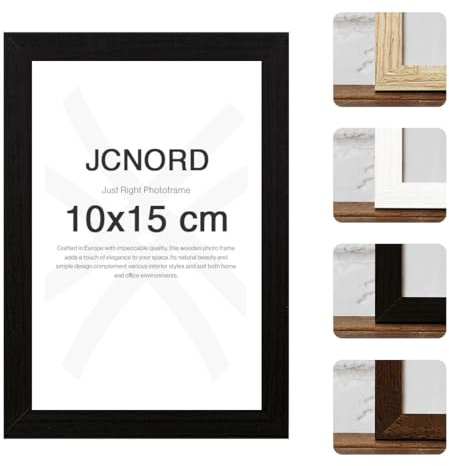 JCNORD Schwarzer MDF Holz Bilderrahmen 10x15 cm mit bruchsicherem Acrylglas | Moderner Fotorahmen für Wände und Tische