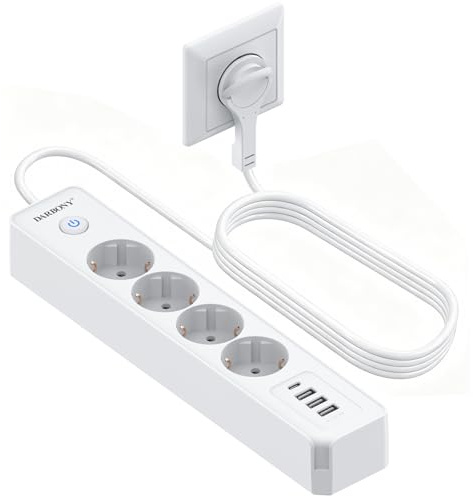 Steckdosenleiste Flachstecker  USB-C, 4-Fach Mehrfachsteckdose mit Schalter | Power Strip with 4 USB Mehrfachstecker Wandmontage Überspannungsschutz Verteilersteckdose für Büro und Küche,2m Kabel, Weiß