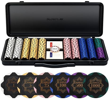 SLOWPLAY Nash 14g Ton Pokerchips-Set Black Gold Edition, 500 STK Full Set | Mit Werten: 1,5,25,100,500,1000 | Verfügt über einen hochwertigen pokerkoffer mit besonders robuster Polycarbonat-Schale