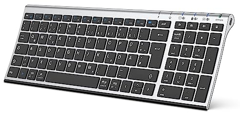 iClever BK10 Bluetooth Tastatur, kabellose wiederaufladbare mit 3 Bluetooth Kanälen, Stabile Verbindung, Ultraslim Ergonomisches Design, Funk Tastatur für iOS, Android, Windows
