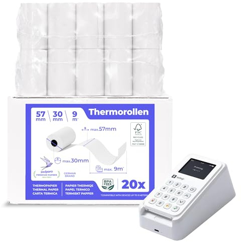 SWIPARO® EC Cash Rollen Thermopapier 57mm x 30mm x 12mm - Bonrollen 57x30x12 für EC & Kredit-Kartenlesegeräte - Thermorollen 57mm - Thermal Rolls EC Device - Für Systeme bis 9m Papierbedarf (20 Stk)