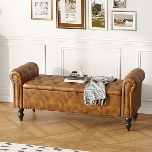 Ckaff Sitzbank mit Stauraum 132cm, Aufbewahrungsbox, Fußbank, Bettbank, Sitztruhe mit Armlehnen aus PU-Kunstleder für Wohnzimmer Schlafzimmer Flur, GelbBraun