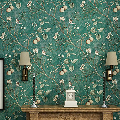 WeRui Amerikanische Retro-Vlies-Tapete, Motiv: alter Apfelbaum, Blumen und Vögel, 0,53 m x 10 m, dunkelgrün