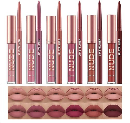 Skynest Lip Liner and Lipstick Makeup Set 6 Velvety Matte Liquid Lipsticks + 6 Matching Smooth Lip Liner