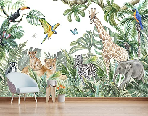 MWSSEGGE Vliestapete, Dschungeltiere, Giraffe, Elefant, Löwe, Poster, Fototapete, für Wohnzimmer, Schlafzimmer, Kinderzimmer, Wanddekoration (200 x 150 cm)