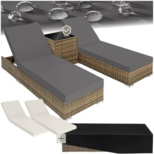 tectake® 2er Garten Lounge Sonnenliegen Set mit Tisch, Aluminium Gartenliege, Gartenlounge Outdoor, Relaxliege inkl. 2 Bezugsets und Schutzhülle, Outdoor Poly Rattan Gartenmöbel Set, 2er Set - Natur