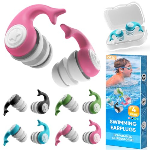 COZII Ohrstöpsel Schwimmen Kinder, 4 Paar Wasserdichte Wiederverwendbare Silikon Ohrstöpsel zum Schwimmen Baden Duschen Surfen Schnorcheln für Kinder von 4-14 Jahren