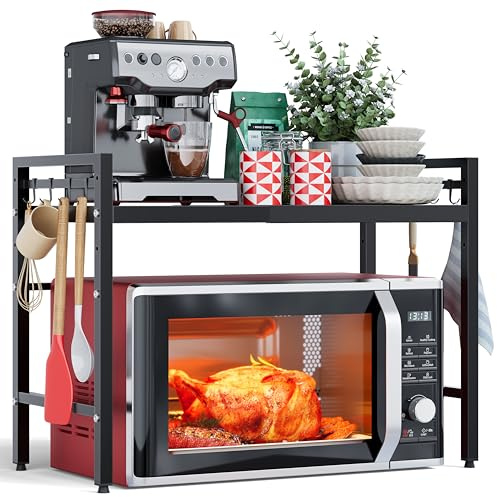 NETEL Erweiterbares Mikrowellen Regal 2 Stufig,Regal über Mikrowelle,Mikrowellenständer für Arbeitsplatte，Küchenregal Stehend für Backofen/Kaffeemaschine，Stabile Microwave Stand mit 8 Haken,Schwarz