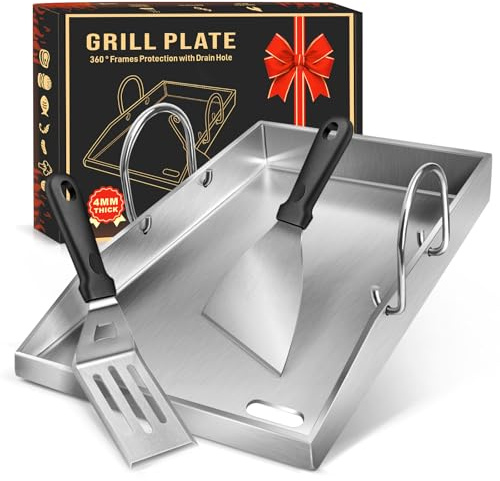 Grillplatte Plancha, 4 mm starker Edelstahlgrill für Gas- und Holzkohlegrills 40 x 30 x 4 cm, mit abnehmbarem Griff, mit 2 Grillspatel-Set,Grillgeschenke für Männer und Frauen