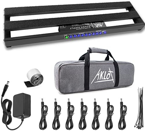 Pedalboard,AKLOT Gitarre Pedal Board mit eingebautem Netzteil Gitarren-Effektpedal Aluminiumlegierung Netzteil 48,5 x 13x 4,3cm mit Tasche Pedalkabel Klettverschluss