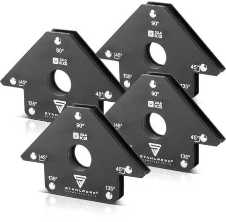 STAHLWERK Schweißmagnet 4er Set – je 22,6 kg (50 lbs) Haftkraft, 45° | 90° | 135° Winkel, starke Magnet-Schweißwinkel mit Rundloch zum präzisen Positionieren von Werkstücken bei Löt- & Schweißarbeiten