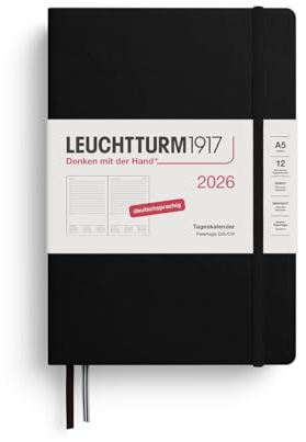LEUCHTTURM1917 372591 Tageskalender Medium (A5) 2026, 12 Monate, Schwarz, Deutsch