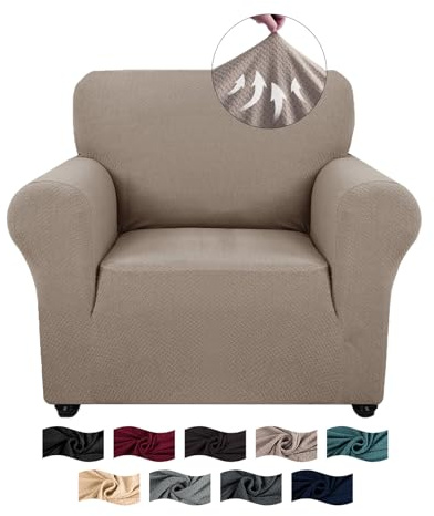 CYCMACO High Stretch Sofa Überzug 1 Sitzer, Sesselhusse rutschfest, Couch Bezug Elastischer, Jacquard Sofahusse Mit Armlehnen, Universal Sofa Covers, Couchüberzug Waschbare, Khaki