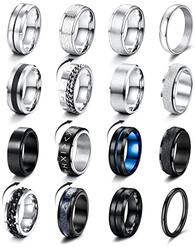 LOLIAS 16 Stück Fidget Ring Herren Ringe Edelstahl Ringe Herren Silber Schwarz Matt Finish Poliert Band Ring Kitten Ring Ehering Verlobungsringe für Männer Damen 54-70