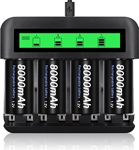 CITYORK 4 Stück D-Zellen 8000mAh wiederaufladbare Akkus mit 8 Steckplätzen NI-MH NI-CD Ladegerät für AA AAA CD Akku (Ladegerät und 4 Stück D Akku)