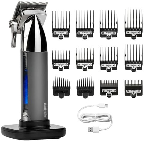 BaByliss Super-X Metal Kabelloser Haarschneider – Japanische Stahlklingen, 10 Aufsteckkämme, 2 Kammführungen, Lithium-Akku, digitales Display, Metallgehäuse, Schwarz, E996E