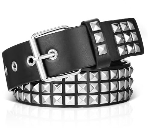 Heclia Nieten-Gürtel Nietengürtel aus Metall im Punk Rock Stil mit Nieten Ösen Nietenabend für Damen Herren mit Glänzenden Pyramiden Nieten als Accessoires für Jeans Hosen Gürtel Partys Clubs Alltag