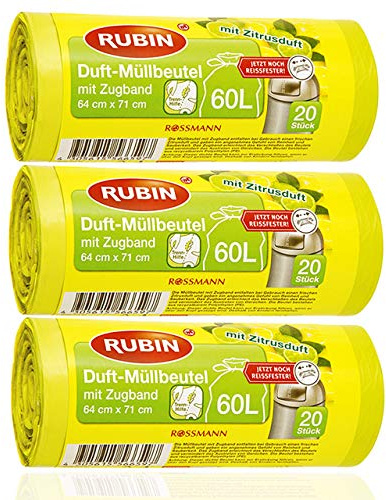 Zugband Müllbeutel mit frischem Zitrusduft - 60 Liter (60 Stück) - 3er Pack (3 x 20 Stück) - Ideal für Haushalt, Büro und Bad