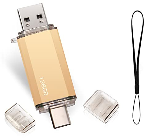 Type C USB Stick 128gb, OTG USB C Speicherstick 128GB 2-in-1 Type C Flash Laufwerk 128 GB Mini Memory Stick Externe Pen Drive für MacBook Pro, Android Handy, Pad, Laptop UND Computer (Gold)