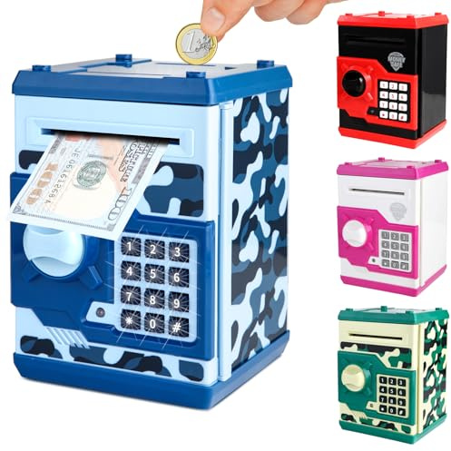 Pup Go Elektronische Spardose für Kinder 3+ Jahre, Sparschwein mit Passwort | Automatischem, Kindertresor mit Realistischen Soundeffekten, Große Kapazität Spardose Tresor für Jungen Mädchen Camo Blau