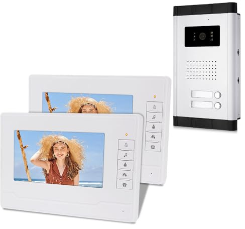 OBO HANDS 7-Zoll Video Türsprechanlage 2-Familienhaus, 4-Draht Gegensprechanlage, 1 Außenkamera und 2x 7 Zoll Monitor, Türsprechanlage mit Kamera, Zwei-Wege-Audio, Nachtsicht, 25 Klingeltöne