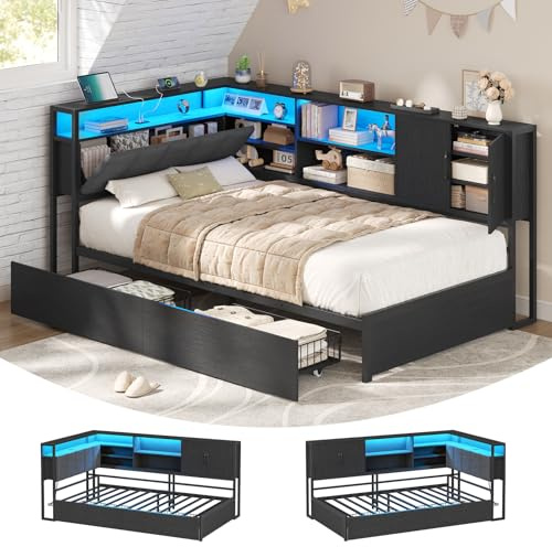 KIMENICH Polsterbett Schlafsofa 90x200 mit LED-Beleuchtung, Ladestation, Tagesbett, Jugendbett mit 2 Schubladen und Lattenrost aus Metall, Kopfteil mit Stauraum, Offene Regale, Schrank, Schwarz