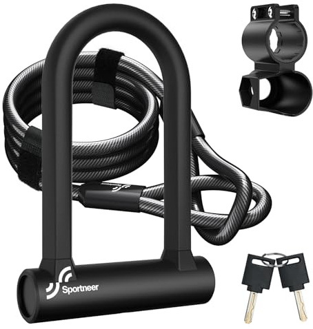 Bügelschloss Fahrrad, Sportneer Fahrradschloss - 17 mm Schweres Fahrrad Bügelschloss mit 1,5m Kabel fürs Rennrad, Mountainbike, E-Bike, Klapprad mit Halterung, 19 x 13CM