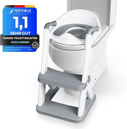 KidzCorner Kinder Toilettensitz mit Treppe, höhenverstellbare Toilettenleiter klappbar auch als Tritthocker verwendbar. WC Sitz fürs Töpfchen Training.