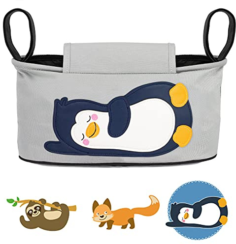 GLÜCKSWOLKE Kinderwagen Organizer - 12 Motive I Kinderwagentasche verschließbar I Kinder Buggy Tasche mit Feuchttücherspender I Baby Zubehör Stroller Bag I Aufbewahrungstasche (Pia Pinguin I Grau)