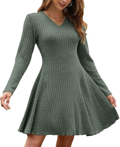 AUSELILY Strickkleid Damen Herbst Leichte A Linie Herbstkleid Langarm Kleider V Ausschnitt Winterkleid Elegant Pulloverkleid