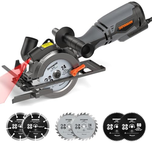 DOVAMAN Mini Handkreissäge, 710W 115mm Handkreissäge w/Laser, 3500RPM, Metall-Hilfsgriff, 43mm (90°), 29mm (45°) Schnitttiefe, 6 Sägeblätter, ideal für Holz, Weichmetall, Kunststoff, Fliesen–MCS01A