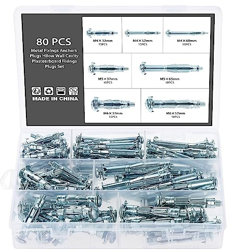 Knpwer 80 Stück Hohlraum Metalldübel mit Schraube, Hohlraumdübel Metall Spreizdübel,Hohlraum Metalldübel mit Innengewinde,Metall Hohlraumdübel