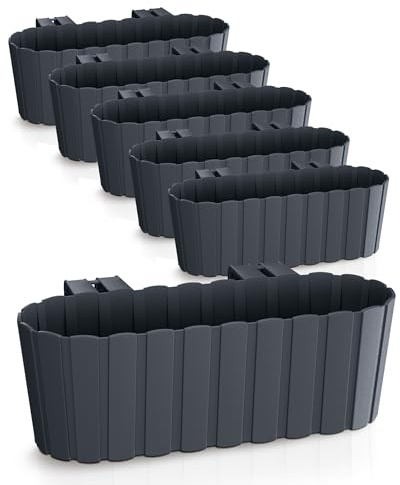 Spetebo Balkon Blumenkasten anthrazit mit Halterung 39 x 13 cm - 6er Set | Kunststoff, Geländer Pflanztopf, zum Einhängen