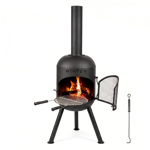 BonFeu BonSolo 34 cm Terrassenofen mit Funkenschutz, Grillrost & Schürhaken | Feuerstelle Outdoor & Gartenkamin mit geschützter Feueröffnung und praktischer Grillfunktion