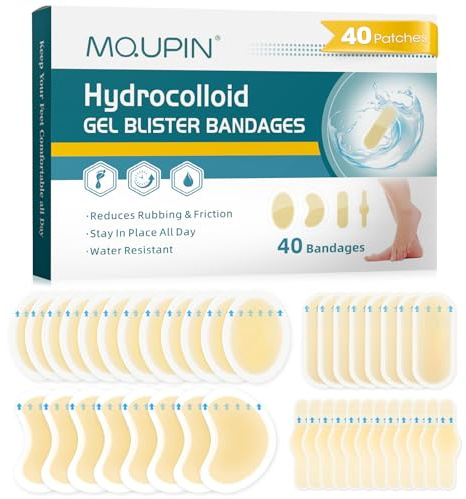 MQUPIN 40 Stück Hydrokolloid Pflaster, Blasenpflaster Ferse, Wasserdicht Gel Pflaster in 4 Verschiedenen Größen, Ferse Blasenpflaster Für Zehen, Fußballen und Fersen, Reibungsschmerzen Reduzieren