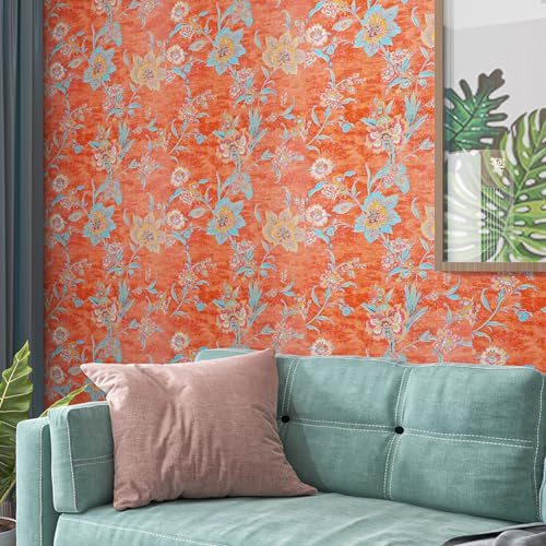 LACHEERY Selbstklebende Tapete Floral Rot Wandtapete Selbstklebend Vintage 44.5cm x 200cm Tapete Selbstklebend Retro Wasserfest Wand Tapeten Wohnzimmer Vinyltapete Floral für Schlafzimmer Küchen