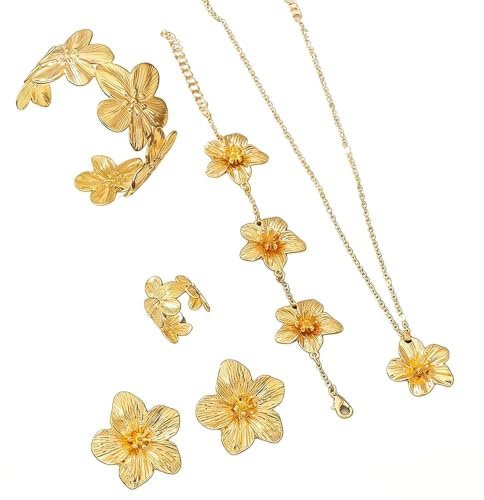 XFSRG Schmuckset für Damen Böhmische Zarte Blume Metall Blatt Halskette Verstellbares Armband Tropfen Ohrringe und Ring Set für Braut Brautjungfern