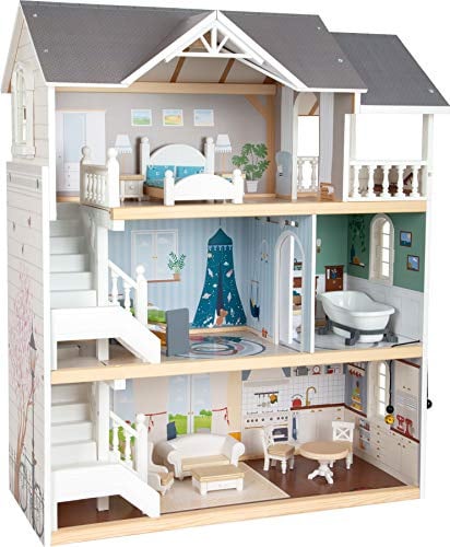 Small Foot Puppenhaus Stadtvilla aus Holz, mit 3 Etagen, offener Front und 12 Möbeln, für Kinder ab 3 Jahren, 11802, Weiß Grau