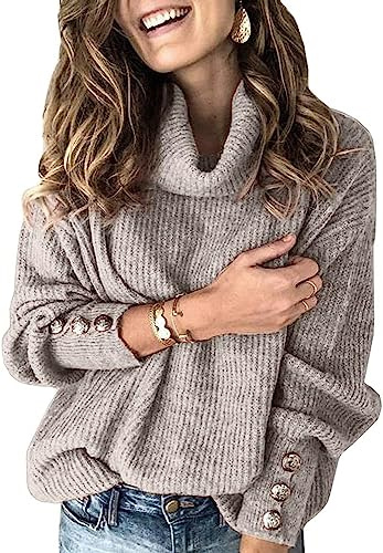 Wenrine Damen Rollkragen Pullover Oversized Winter Langarm Strickpullover Casual Warm Pulli Lose Gestrickt Sweater mit Metallknöpfen(Grau, XL)