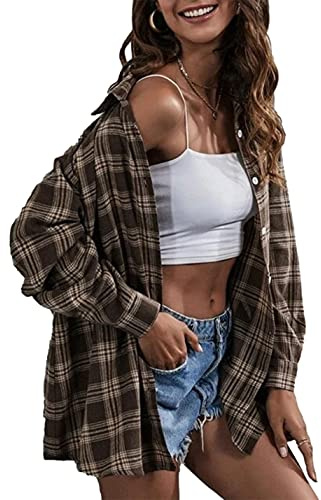 Zontroldy Flanellhemd für Damen, Oversize, kariert, Hemdbluse mit Knöpfen