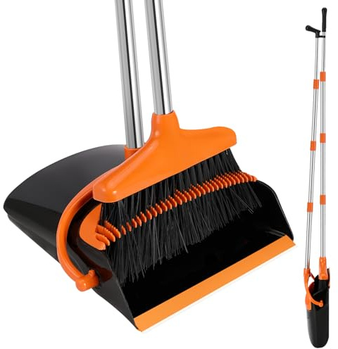 Mkitnvy Besen und Kehrschaufel Set, Aufrechter Besen mit ausziehbarem Stiel, Kehrschaufel mit 115 cm langem Stiel, orange, modern, Hartboden, Edelstahl, PET-Borsten
