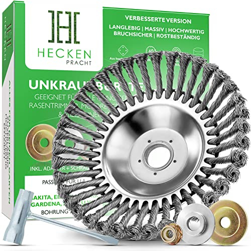 HECKENPRACHT© Profi Unkrautbürste für Freischneider | Verbessertes Konzept 2026 - Wildkrautbürste für Motorsense zur effektiven Unkrautentfernung - 25,4mm Bohrung | Drahtbürste Freischneider