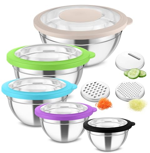 Homikit Rührschüssel 5er Set, Edelstahl Schüssel Salatschüssel Bunt | Transparenter Luftdichtem Deckel & 3 Reibeaufsätzen, Stapelbar Küche Rührschüssel 4,6L/2,8L/1,6L/1,2L/0,7L, Spülmaschinenfest