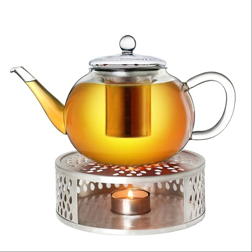 Creano Teekanne aus Glas 1,2l + ein Stövchen aus Edelstahl, 3-teilige Glasteekanne mit integriertem Edelstahl Sieb und Glasdeckel, ideal zur Zubereitung von losen Tees, tropffrei