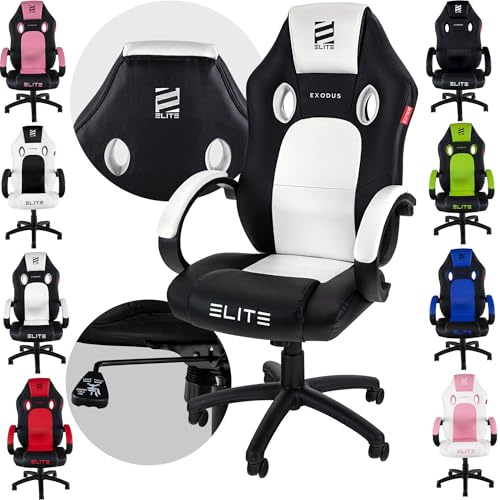 ELITE Gaming Stuhl Exodus | Ergonomischer Bürostuhl - Schreibtischstuhl - Chefsessel - Sessel - Racing Gaming Stuhl - Gamingstuhl - Drehstuhl - Chair - Kunstleder Sportsitz (Schwarz/Weiß)